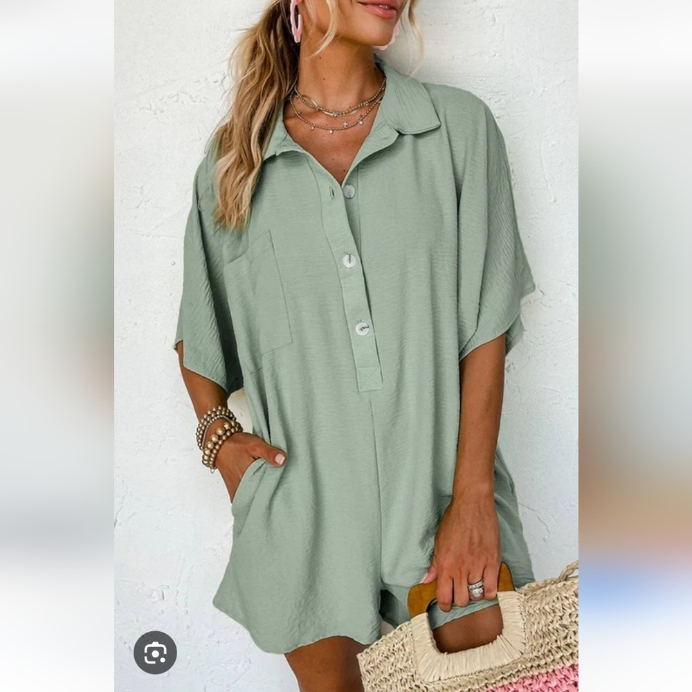 Sage Green Half Button Collared Loose Romper Size Small
